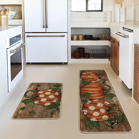 Artoid ModeWood Dot Pumpkin Leaves Fall Kitchen Mats Set of 2, Autumn Home Decor Low-Profile Kitchen Rugs for Floor - 17x29 and 17x47 Inch in Saudi Arabia