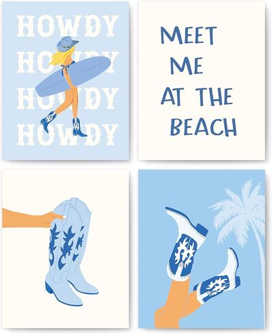 okaxscm Coastal Cowgirl Room Decor Aesthetic, Coastal Cowgirl Wall Art Prints Set of 4, Coastal Granddaughter Room Decor, Blue Preppy Beach Surf Poster for Teen Girls Bedroom Dorm, 8x10 Unframed in Kuwait