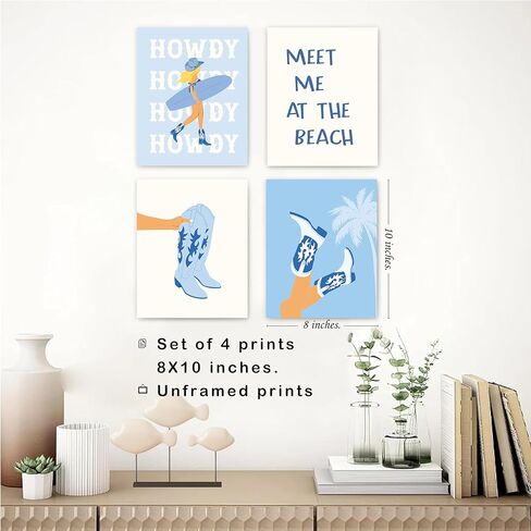 okaxscm Coastal Cowgirl Room Decor Aesthetic, Coastal Cowgirl Wall Art Prints Set of 4, Coastal Granddaughter Room Decor, Blue Preppy Beach Surf Poster for Teen Girls Bedroom Dorm, 8x10 Unframed in Kuwait