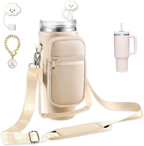 Water Bottle Holder with Strap and Pouch for Stanley Cup 40 oz Tumbler with Handle & Simple Modern 40oz Tumbler, Water Bottle Carrier Bag with Straw Cover and Letter Charm for Stanley Cup (Gream S) in Saudi Arabia