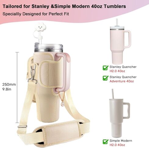 Water Bottle Holder with Strap and Pouch for Stanley Cup 40 oz Tumbler with Handle & Simple Modern 40oz Tumbler, Water Bottle Carrier Bag with Straw Cover and Letter Charm for Stanley Cup (Gream S) in Saudi Arabia