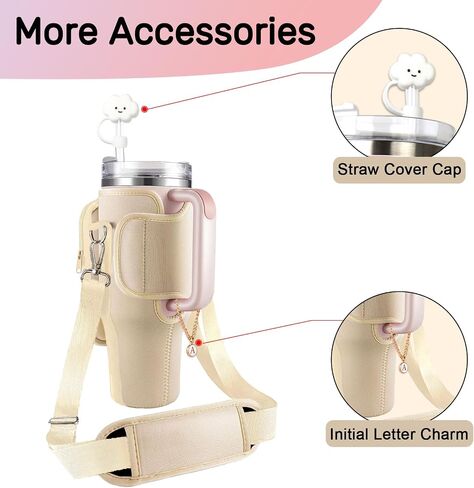 Water Bottle Holder with Strap and Pouch for Stanley Cup 40 oz Tumbler with Handle & Simple Modern 40oz Tumbler, Water Bottle Carrier Bag with Straw Cover and Letter Charm for Stanley Cup (Gream S) in Saudi Arabia