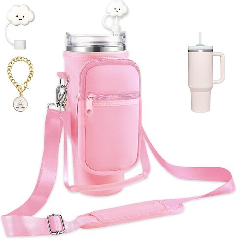 Water Bottle Holder with Strap and Pouch for Stanley Cup 40 oz Tumbler with Handle & Simple Modern 40oz Tumbler, Water Bottle Carrier Bag with Straw Cover and Letter Charm for Stanley Cup (Gream S) in Saudi Arabia