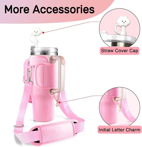 Water Bottle Holder with Strap and Pouch for Stanley Cup 40 oz Tumbler with Handle & Simple Modern 40oz Tumbler, Water Bottle Carrier Bag with Straw Cover and Letter Charm for Stanley Cup (Gream S) in Saudi Arabia
