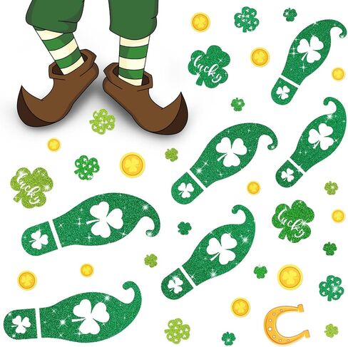 Whaline 400Pcs St. Patrick's Day Leprechaun Footprints Floor Decals Glitter Shamrock Lucky Gold Coin Clover Foot Floor Clings Self-Adhesive Party Sticker for Home Window Wall Decor, 16 Sheet in Saudi Arabia