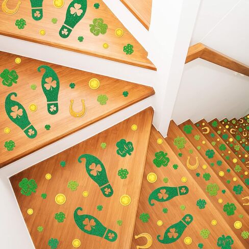 Whaline 400Pcs St. Patrick's Day Leprechaun Footprints Floor Decals Glitter Shamrock Lucky Gold Coin Clover Foot Floor Clings Self-Adhesive Party Sticker for Home Window Wall Decor, 16 Sheet in Saudi Arabia
