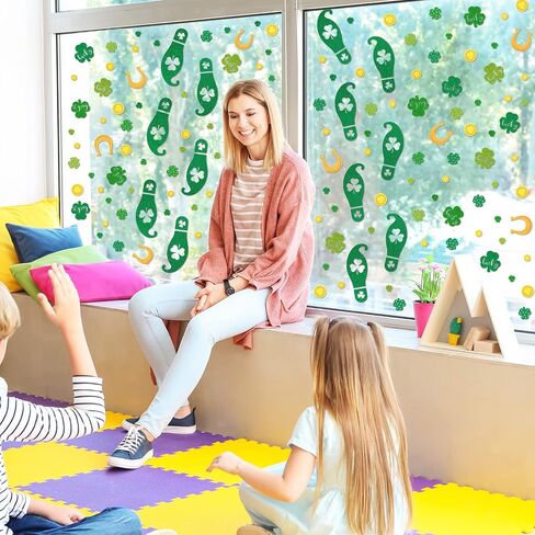 Whaline 400Pcs St. Patrick's Day Leprechaun Footprints Floor Decals Glitter Shamrock Lucky Gold Coin Clover Foot Floor Clings Self-Adhesive Party Sticker for Home Window Wall Decor, 16 Sheet in Saudi Arabia