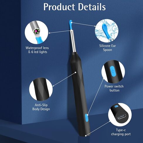 Ear Wax Removal, Ear Wax Removal Tool Camera with 1440P, Ear Cleaner with Camera and 7 Pcs Ear Set, Earwax Removal Kit with 6 Led Lights for iPhone, IPad, Android Phones (Black) in Saudi Arabia