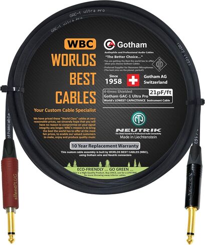 أفضل الكابلات في العالم بطول 6 أقدام - Gotham GAC-1 Ultra Pro - كابل أداة جيتار باس ممتاز منخفض الغطاء (21 pf/F) مع مقابس TS ذهبية نيوتريك مستقيمة إلى مستقيمة (قابس صامت) ¼ بوصة (6.35 مم) - مقابس TS مصنوعة حسب الطلب in Saudi Arabia
