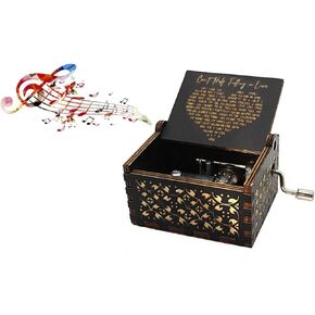 Hand Crank Musical Box with Crystal Butterfly Figurines Wooden Hand Crank Engraved Musical Instrument with Melody can not Help Falling in Love with You Gifts(Can't Help Falling in Love (A))