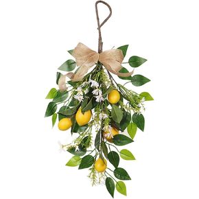 Firlar 23.6 inch Artificial Lemon Teardrop Wreath, Wall Hanging Teardrop Spring Summer Fruit Wreath Artificial Floral Swag Wreath for Front Door Indoor Outdoor Window Decor