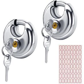 2 Pcs Keyed Discus Padlocks with 4 Keys, Stainless Steel Heavy Duty Discus Lock,Waterproof and Rustproof Storage Unit Padlock Round Lock for Warehouse,Storage Units, Sheds, Garages, Fence