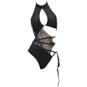 MEOWCOS Gothic Cobweb Swimsuit Spinner Cutout Black Halter Neck One-Piece Bathing Suit