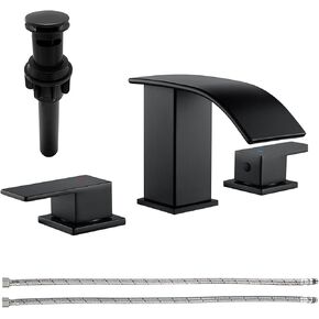 Waterfall Bathroom Faucets for Sink 3 Hole Matte Black Bathroom Sink Faucet with Pop Up Drain 8 Inch Widespread Vanity Faucets Basin Faucet Modern Vanity Faucet 2 Handle Lavatory Faucet