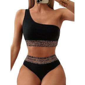 SOLY HUX Women's Leopard Mesh One Shoulder High Waisted Bikini Sets Two Piece Swimsuit Bathing Suits