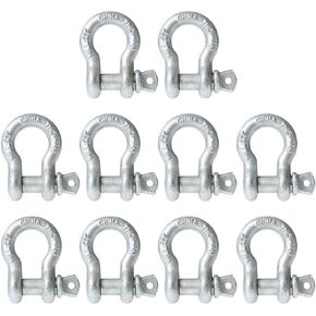 US Cargo Control 3/8 Inch Galvanized Screw Pin Anchor Shackles (10-Pack), 1 Ton (2,000 LBS) Working Load Limit, Hot Dip Galvanized Shackles for Lifting, Rigging, and Towing, Forged Steel