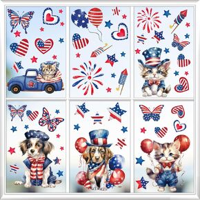 4th of July Decorations Patriotic Window Clings Dog Cat Double-Sided Window Art Decals USA Independence Memorial Day Stripes Star Fireworks Flags Balloon Decorations for Home School Office 9 Sheets