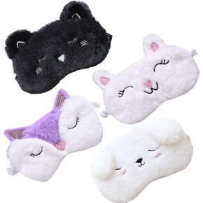 4 Pack Cute Animal Sleep Mask for Girls Soft Plush Blindfold Cute Cat Dog Fox Rabbit Eye Cover Eyeshade Sleeping Masks for Kids Teens Girls Women Men