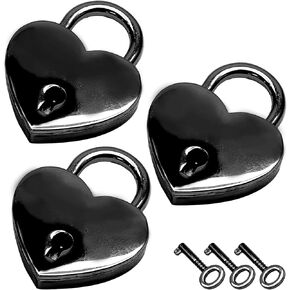 3pcs Mini Heart Shaped Padlock, Metal Lock with Key for Diary Book Jewelry Storage Box Handbag (Black)