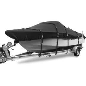 900D Marine Grade Fade and Tear Resistant Boat Cover，Heavy-Duty Waterproof and UV-Proof Boat Covers，Full Metal Fittings Trailerable Boat Cover Fits V-Hull,Tri-Hull,Runabout，Black