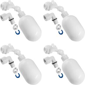 4 Pcs Float Ball Valve with 1/4 Connect Tube Fitting, Plastic Adjustable Filter Float Valve for Water Tank Pump Trough Aquariums, Aquaculture, Reservoir, Ponds
