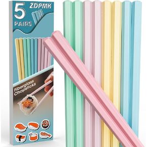 مجموعة 5 أزواج من أعواد الأكل الملونة المصنوعة من الألياف الزجاجية القابلة لإعادة الاستخدام، آمنة للاستخدام في غسالة الأطباق، مقاس 9.57 بوصة، تصميم ممتاز غير قابل للانزلاق مع حافظة - مثالية للمطبخ الياباني والكوري والصيني، هدية رائعة للحفلات in Kuwait
