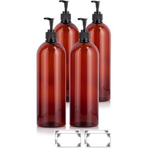 32 oz Amber Large Boston Round PET Plastic Bottles (BPA Free) with Black Lotion Pump (4 Pack) + Labels