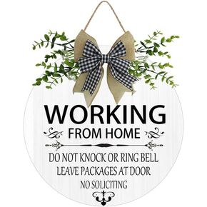 Working From Home Door Sign Please Do Not Knock or Ring Doorbell Sign with Buffalo Plaid Bow 12 in Do Not Disturb Front Door Sign for All Seasons Home Office Porch Door Decoration