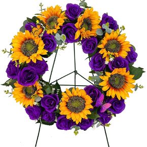 Cemetery Wreaths for Grave Decoration,Golden Sunflower and Purple Rose, Headstone Wreath with Gravestone Flower Holder