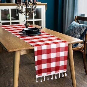 DUOBAO Buffalo Plaid Table Runner 14x108-Inches Black and White Checkered Table Runner with Tassel Linen Table Runners Christmas Decor Gingham Table Runner Rustic Farmhouse Table Runner