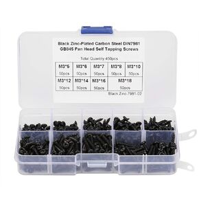 M3 Self Tapping Screws, 450pcs Black Carbon Steel M3*5/6/7/8/10/12/14/16/18 Cross Pan Head Self Tapping Screws Machine Woodworking Fastener Assortment Kit