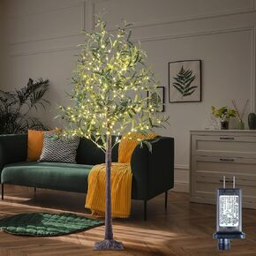 6FT مضاءة شجرة الزيتون 200 LED شجرة أضواء الجنية الاصطناعية مع فاكهة الزيتون شجرة نبات فو للديكور داخل وخارج المنزل فناء الزفاف مهرجان عيد الميلاد الديكور الأبيض الدافئ