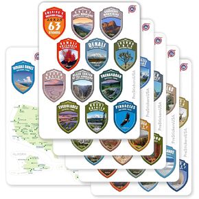 2.0 x 2.9" Shield Collection Stickers Set 63 National Parks USA. Map of US National Parks.
