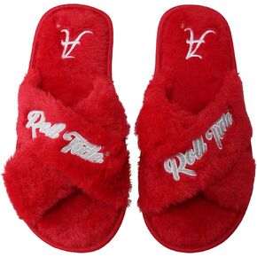 FOCO Womens NCAA College Team Script Wordmark Fuzzy Cross Slide Slippers