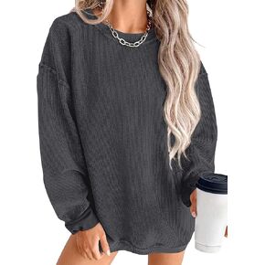 PRETTYGARDEN Women's Fall Oversized Sweatshirt Ribbed Corduroy Crewneck Long Sleeve Loose Fit Casual Going Out Pullover Tops