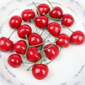 20Pcs Red Artificial Cherries, Fake Cherry Model Lifelike Fruit Cherry Ornament, Fake Cherries,Plastic Cherries, Home Kitchen Party Decoration Desk Ornament Photography Prop Home Décor