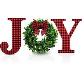 12 Inch Christmas Joy Home Sign Wooden Joy Letter Sign Wall Decor Buffalo Plaid Wall Hanging Letter Faux Green Farmhouse Wreath Large Joy Sign with Plaid Bow for Indoor Outdoor Decor (Red-Black)