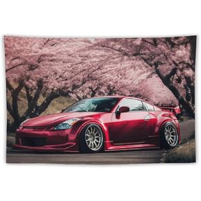 FeoYoed Jdm Car 350z Tapestry Wall Hanging Aesthetic Decoration For Bedroom Living Room Wall Art Tapestries Japanese Cool Red Car Cherry Blossom 40"x60"