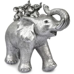 Cute Good Luck Elephant Home Décor Elephant Statues Carries Three Calves on Its Back Figurines Décor for Shelf Elephant Lovers Decoration for Bedroom, Office (Silver)