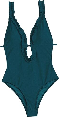 MakeMeChic Women's Frill Trim V Neck Backless Bathing Suit High Cut Tie Back One Piece Swimsuits in Saudi Arabia