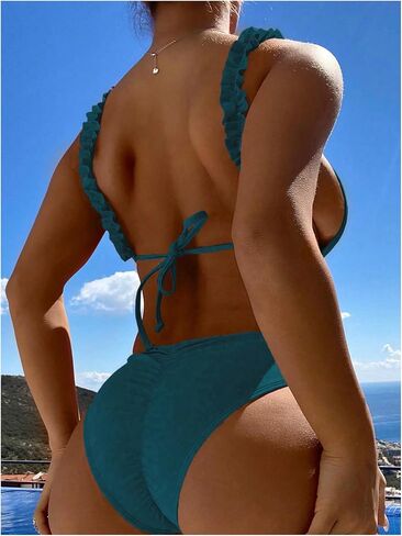 MakeMeChic Women's Frill Trim V Neck Backless Bathing Suit High Cut Tie Back One Piece Swimsuits in Saudi Arabia