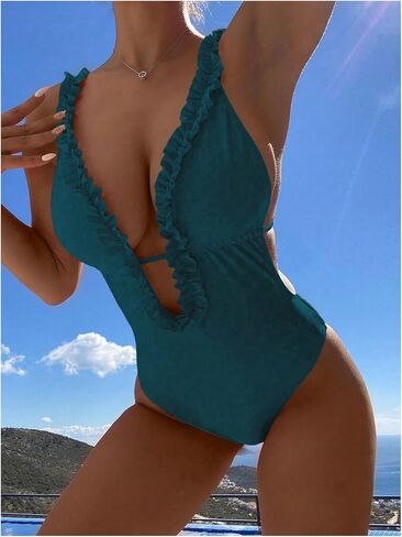 MakeMeChic Women's Frill Trim V Neck Backless Bathing Suit High Cut Tie Back One Piece Swimsuits in Saudi Arabia