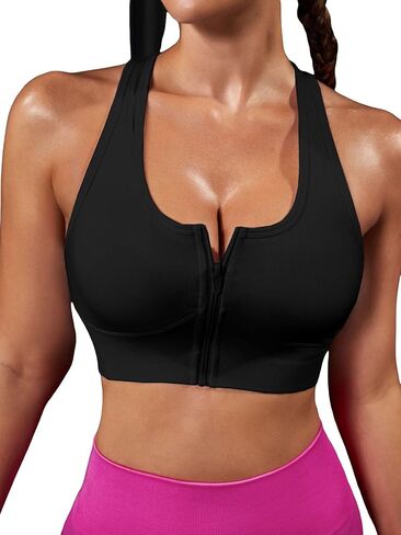 Milumia Women's Zip Front Sports Bras Two Way Ring Linked High Support Yoga Workout Running Bra Black X-Large in Saudi Arabia