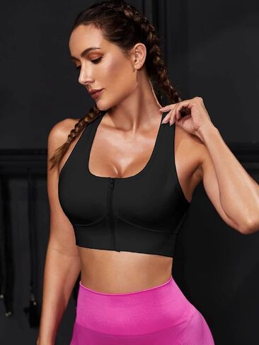 Milumia Women's Zip Front Sports Bras Two Way Ring Linked High Support Yoga Workout Running Bra Black X-Large in Saudi Arabia