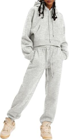 Womens Sweatsuits 2 Piece Fleece Outfits Long Sleeve Crop Hoodies Pullover Jogger Pants Casual Athletic Set in Saudi Arabia