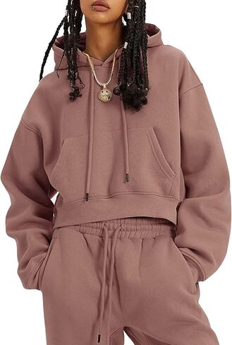 Womens Sweatsuits 2 Piece Fleece Outfits Long Sleeve Crop Hoodies Pullover Jogger Pants Casual Athletic Set in Saudi Arabia