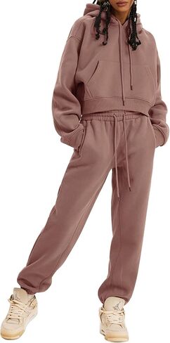 Womens Sweatsuits 2 Piece Fleece Outfits Long Sleeve Crop Hoodies Pullover Jogger Pants Casual Athletic Set in Saudi Arabia