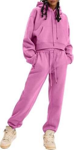 Womens Sweatsuits 2 Piece Fleece Outfits Long Sleeve Crop Hoodies Pullover Jogger Pants Casual Athletic Set in Saudi Arabia
