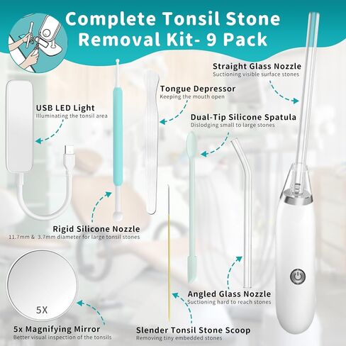 9-PackTonsil Stone Remover Vacuum Tool with Tongue Depressor, Straight & Angled Tubes, Scoop, Magnifying Mirror, Tongue Depressor Tonsil Stones Removal Tool in Saudi Arabia