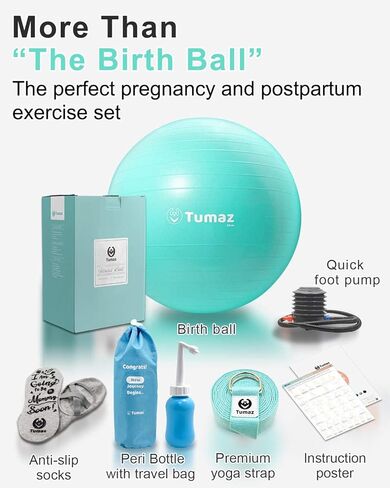 Tumaz Birth Ball - Birthing Ball for Pregnancy & Labor - Including Birthing Ball/Peri Bottle/Yoga Strap/Non-Slip Socks - Pregnancy Ball for Exercises Set with Quick Foot Pump & Instruction Poster in Kuwait